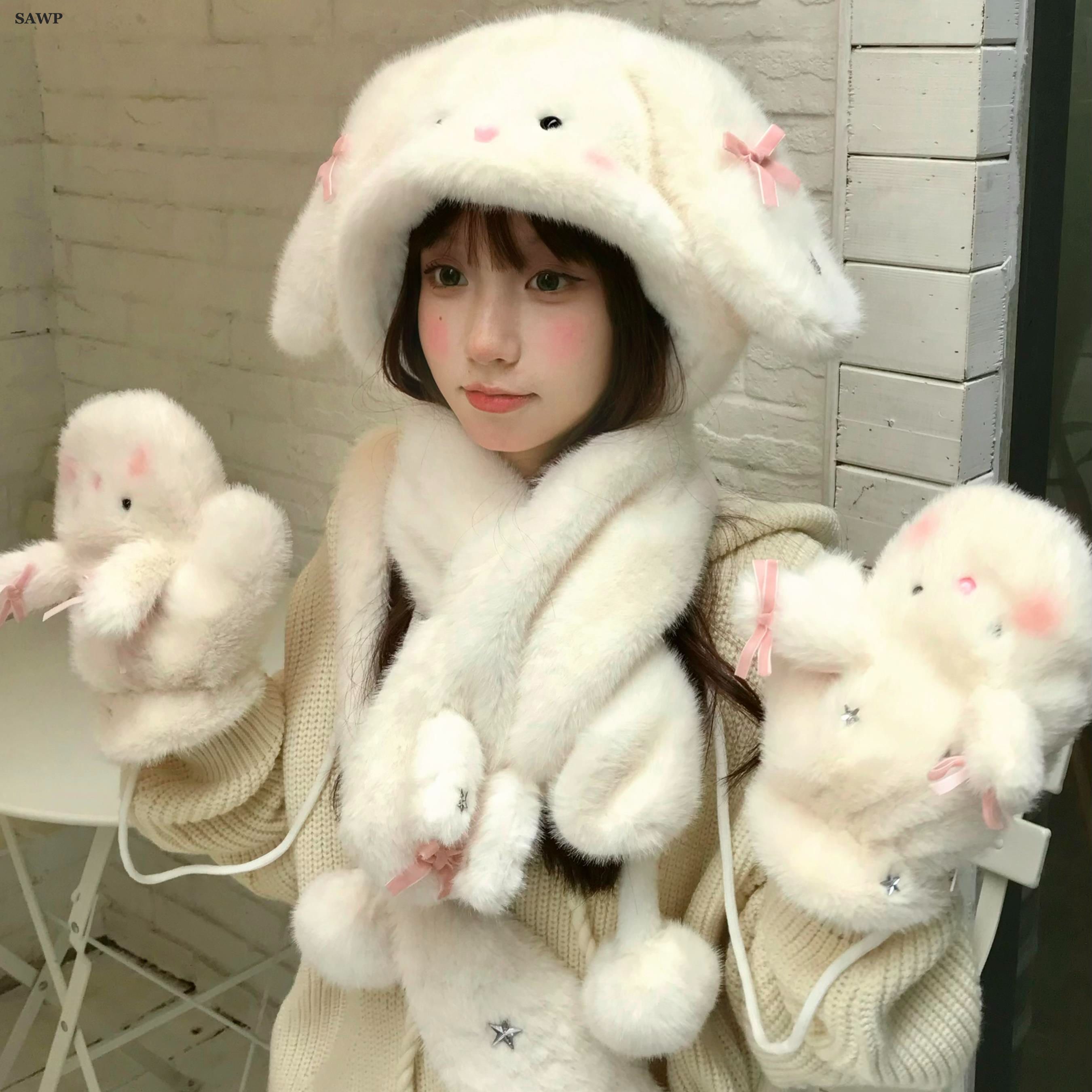 兔耳朵毛绒帽子女秋冬季围巾一体新款可爱风保暖护耳显脸小四件套