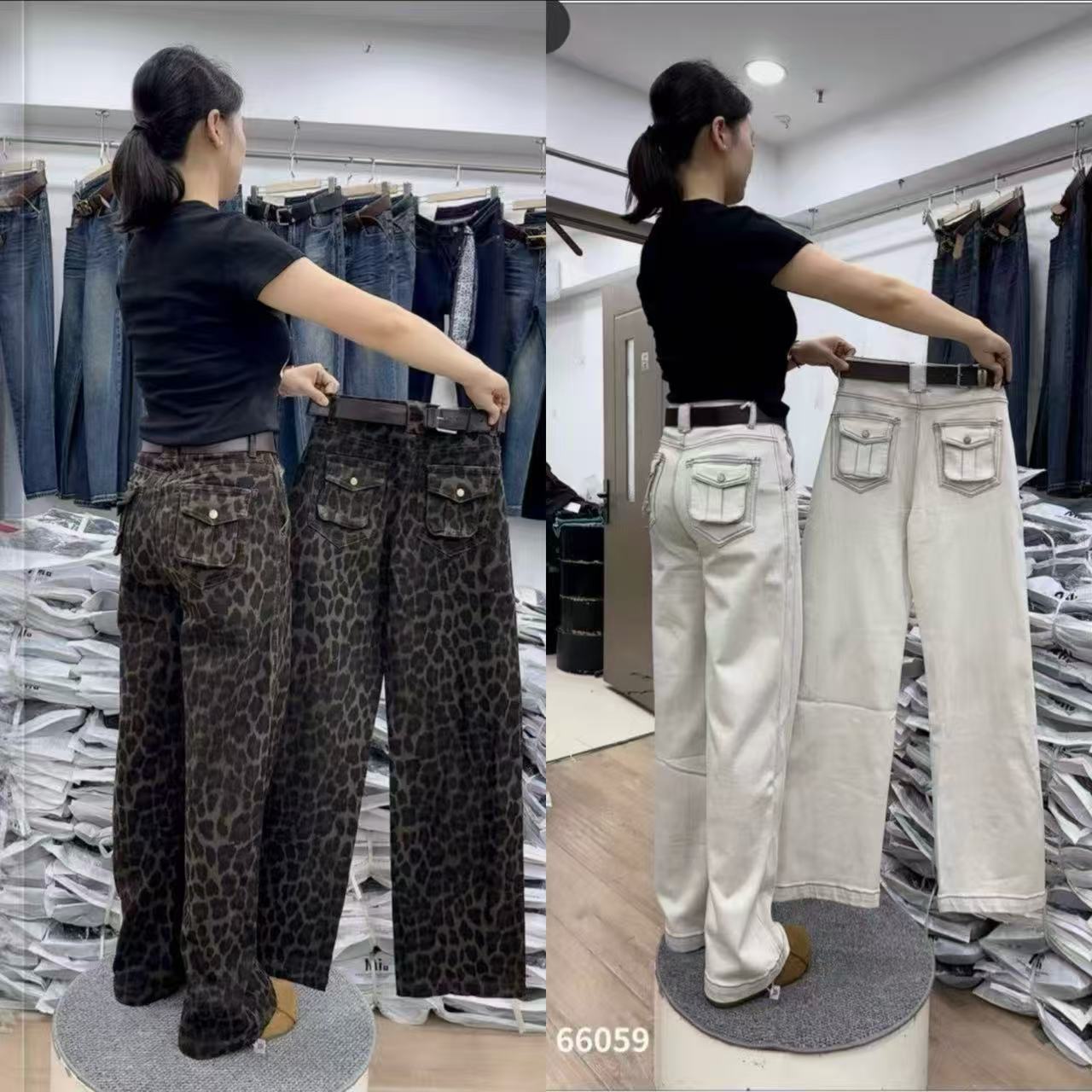 66059时尚欧货工装牛仔窄版弯刀拖地裤