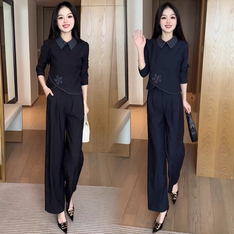 时尚牛仔套装女2025秋季新款洋气贴绣长袖上衣阔腿裤休闲两件套潮