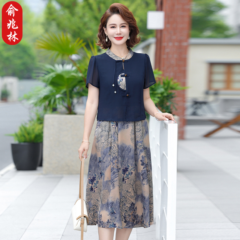 俞兆林妈妈新款夏装国风雪纺连衣裙洋气中老年人新中式假两件裙子