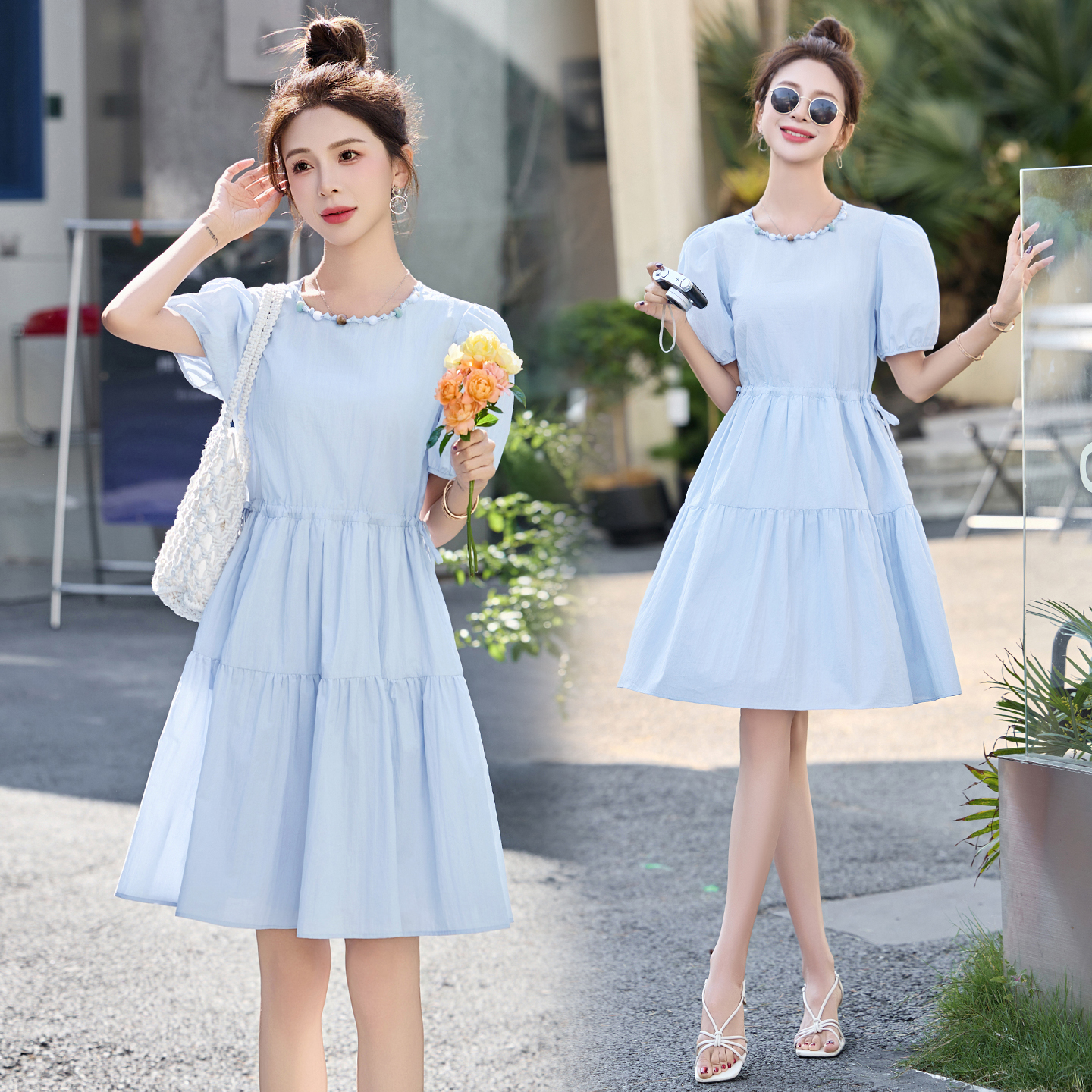 气质时尚小个子串珠系带收腰连衣裙女中长款2025夏季新款A字裙子