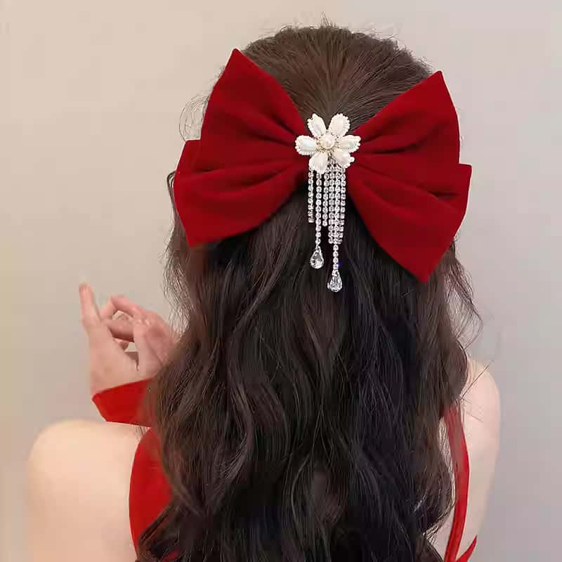 高端红色丝绒大蝴蝶结发夹顶夹女款2023新款后脑勺弹簧夹发卡头饰