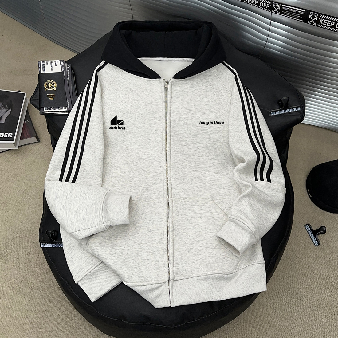 美式潮流字母印花卫衣秋冬休闲拉链外套男女拼接三条杠连帽开衫