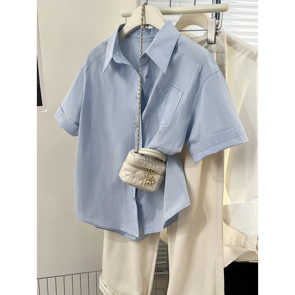 日系学院风蓝色Polo领短袖衬衫女夏季休闲设计高级感衬衣打底上衣