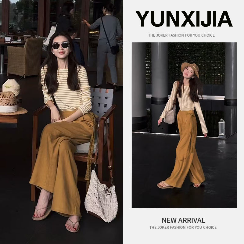 女装2025年新款轻熟风时尚条纹修身长袖上衣高腰显瘦装长裤两件套