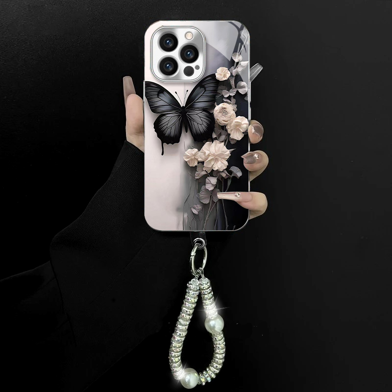 适用于苹果/oppo/华为/vivo/小米复古蝴蝶电镀玻璃手链防摔手机壳