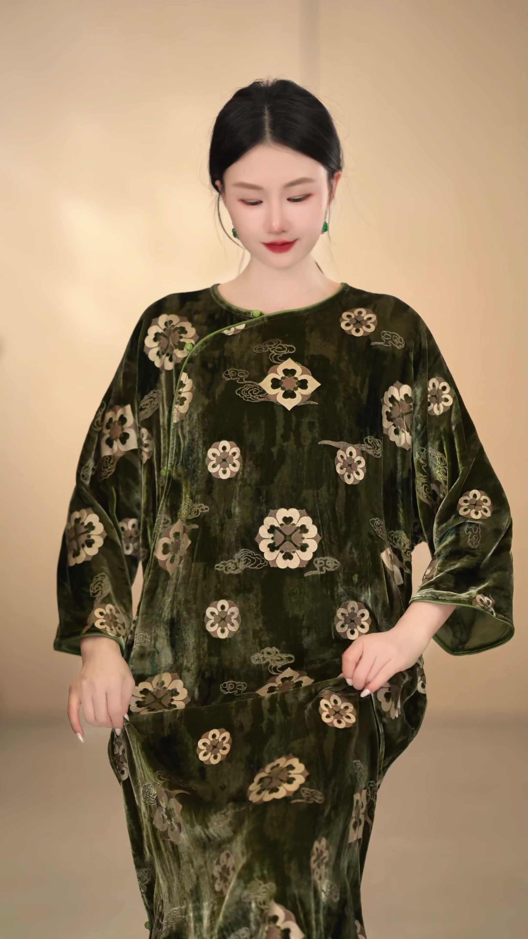 「墨绿宝相」中国风时尚气质复古唐装长款A字裙旗袍圆领斜襟显瘦