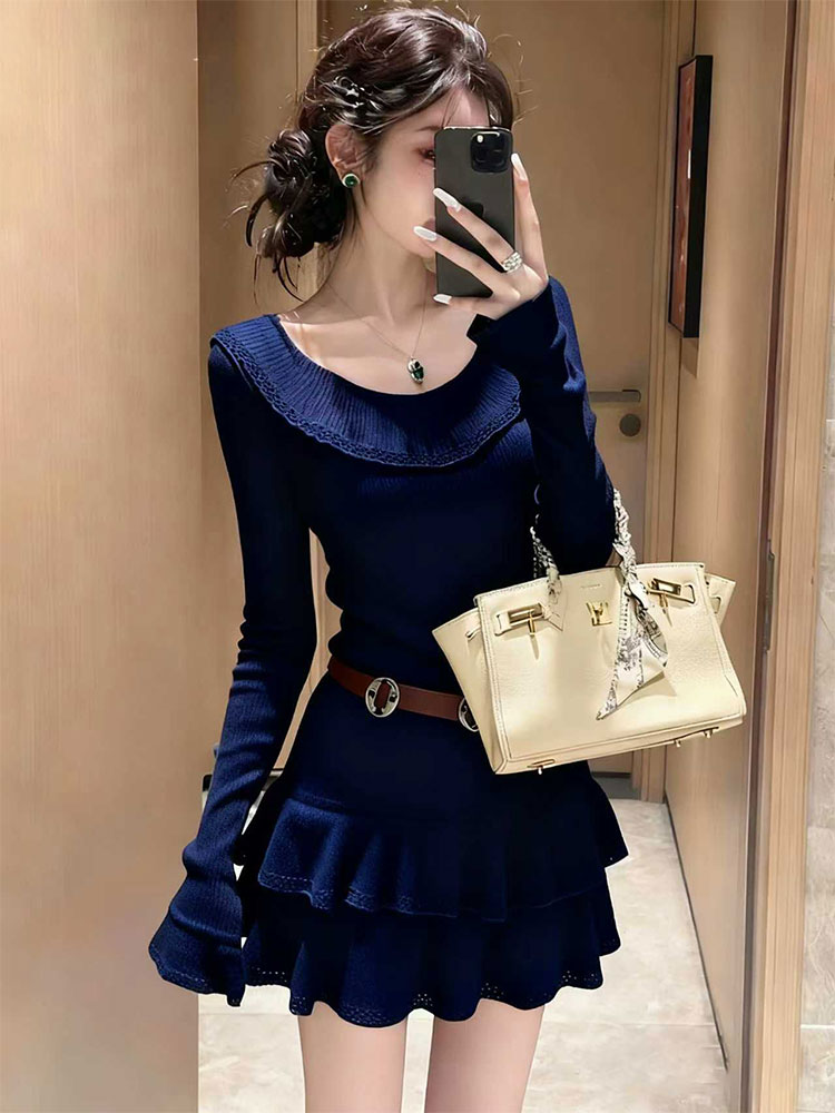 小个子大方得体女神范气质轻奢高级感巨好看藏蓝色针织连衣裙秋季