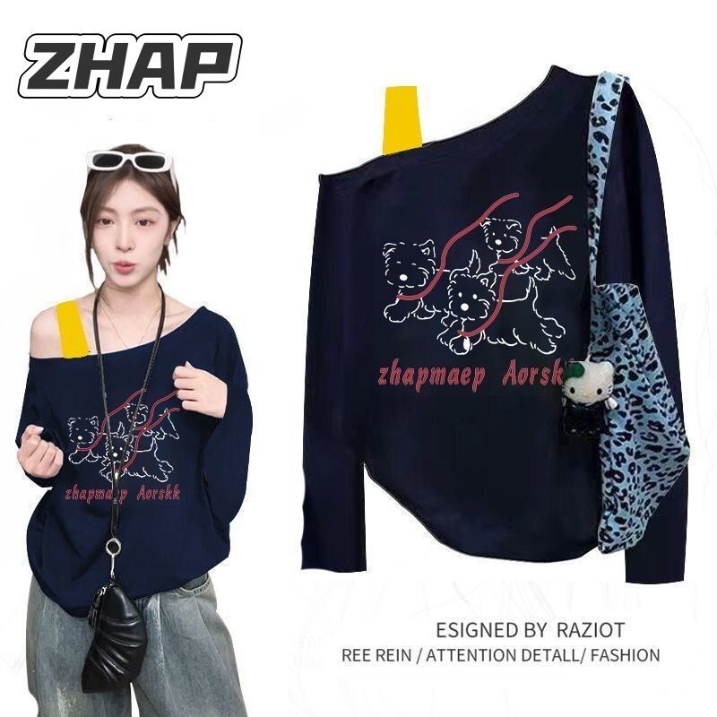 【ZHAP】斜领肩带长袖T恤女秋季红线狗百搭爆款轻奢韩系穿搭上衣女