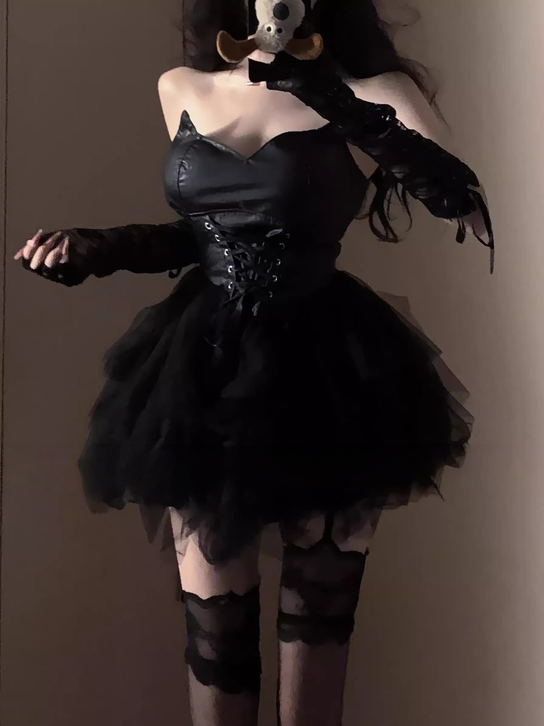 原创暗黑万圣节服装小恶魔cos性感皮裙绑带辣妹连衣裙女仆装大码