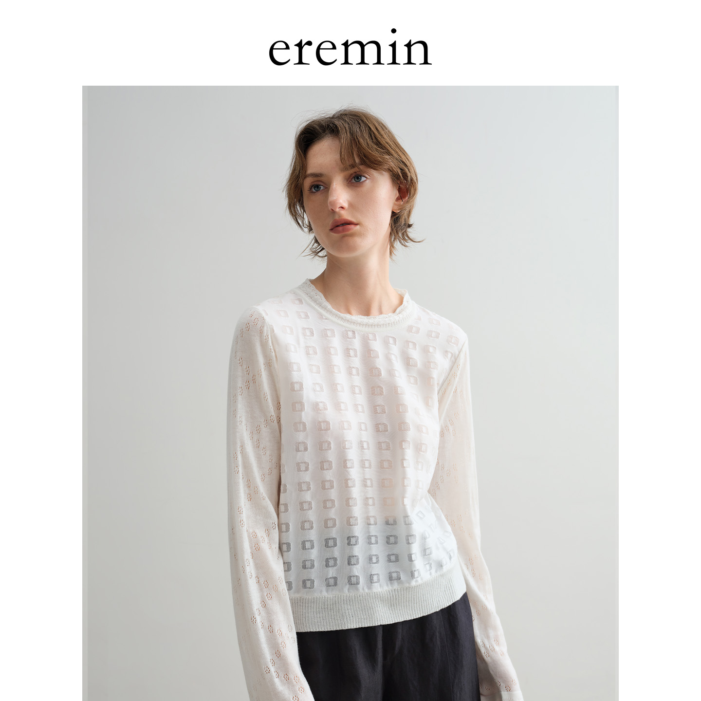 DE Mincollection方格针织衫/法式镂空花边拼接细薄款针织衫40067