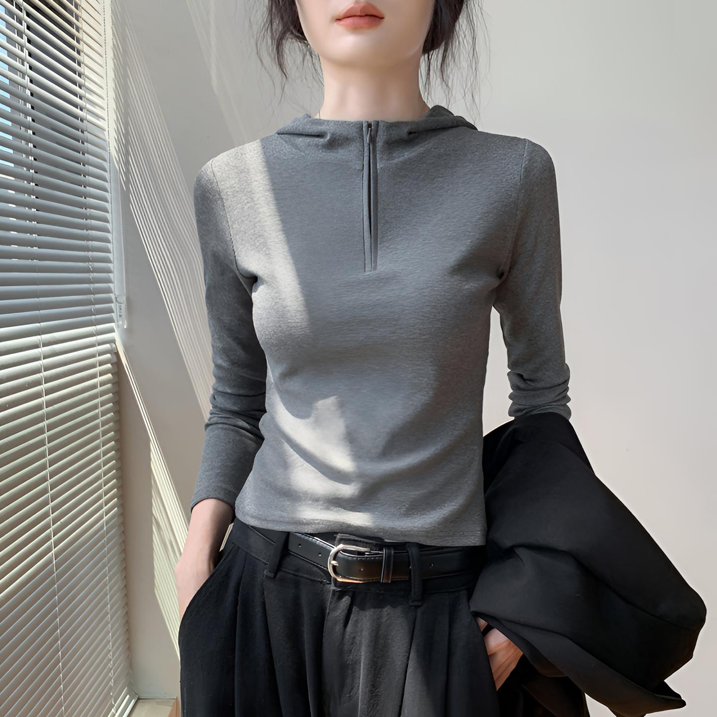 穿上超暖和！韩版拉链半开领长袖上衣T恤女2025秋新款连帽卫衣打底