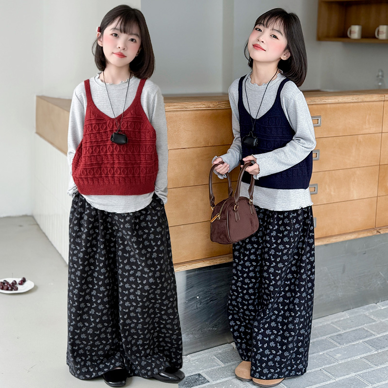女童秋装套装2025年款衣服儿童春秋季小女孩休闲时髦阔腿裤三件套