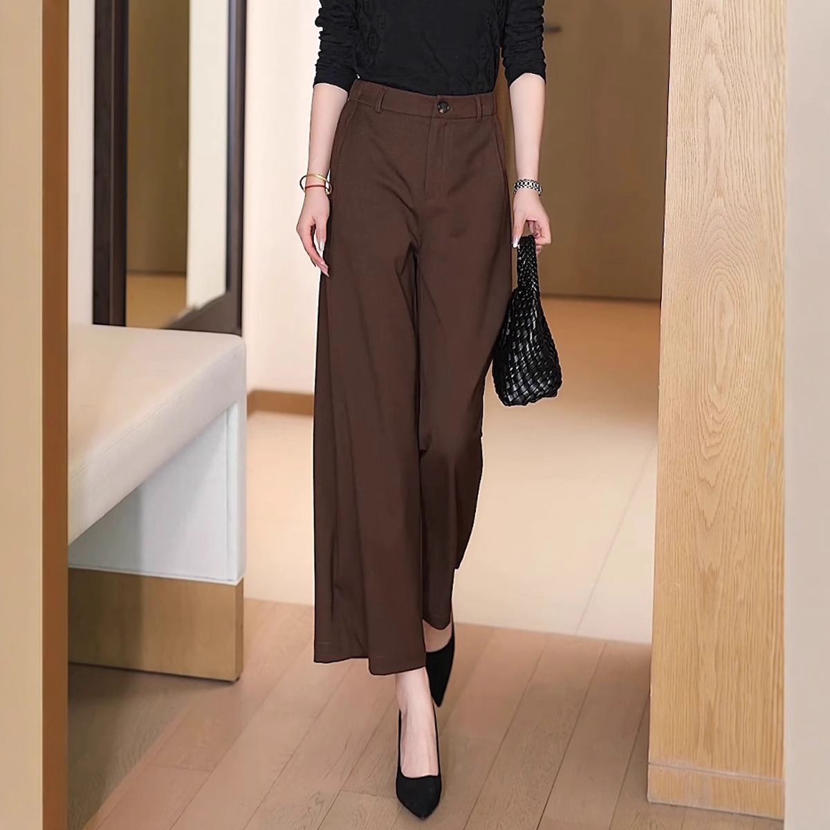 美拉德咖色百搭九分裤女2025夏季薄小个子直筒裤子高腰显瘦阔腿裤