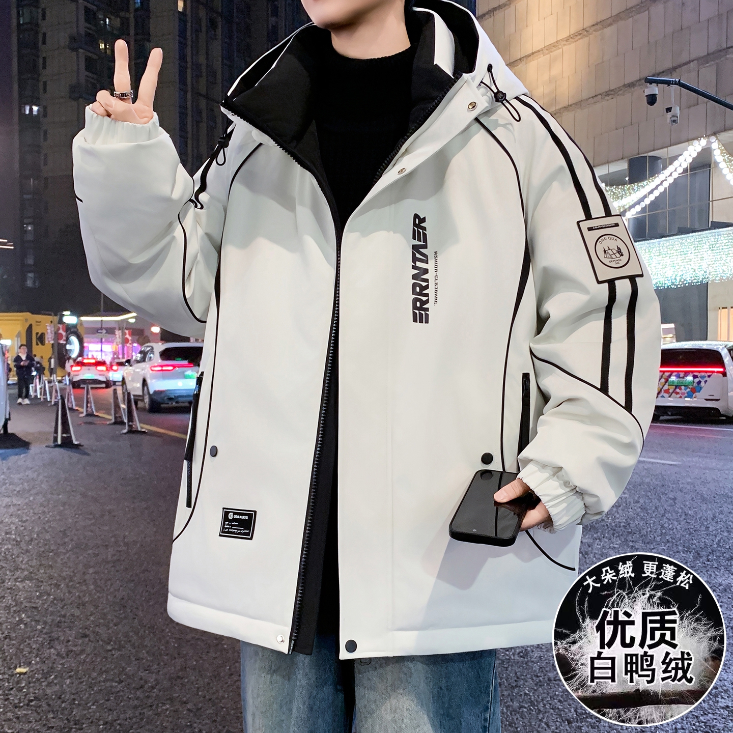 青少年冬季连帽男士羽绒服时尚潮流学院风百搭加厚保暖白鸭绒外套