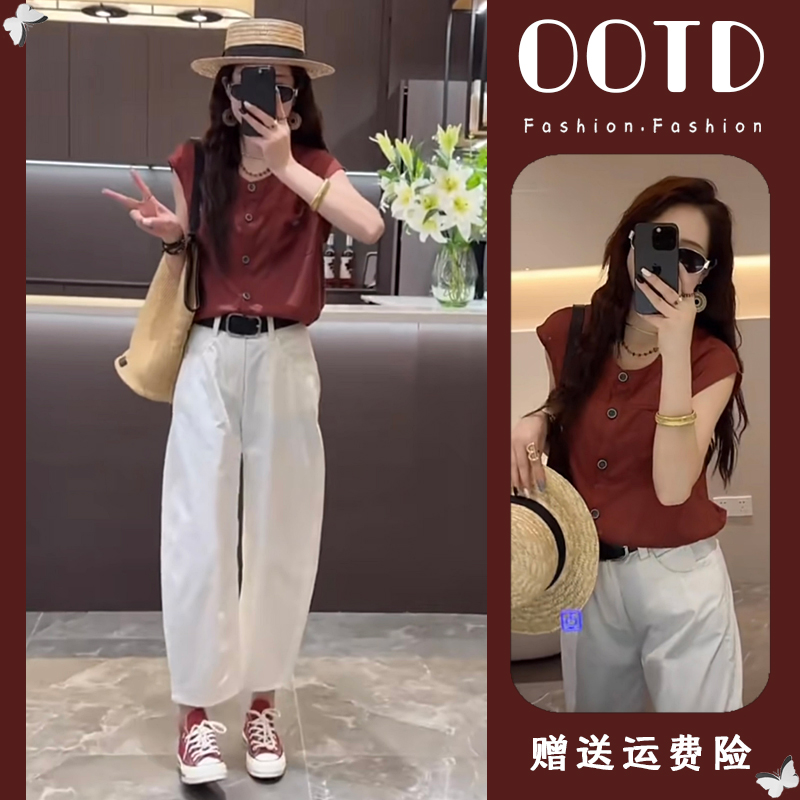 时尚简约圆领无袖衬衫女2025夏季新款小个子休闲九分裤两件套装