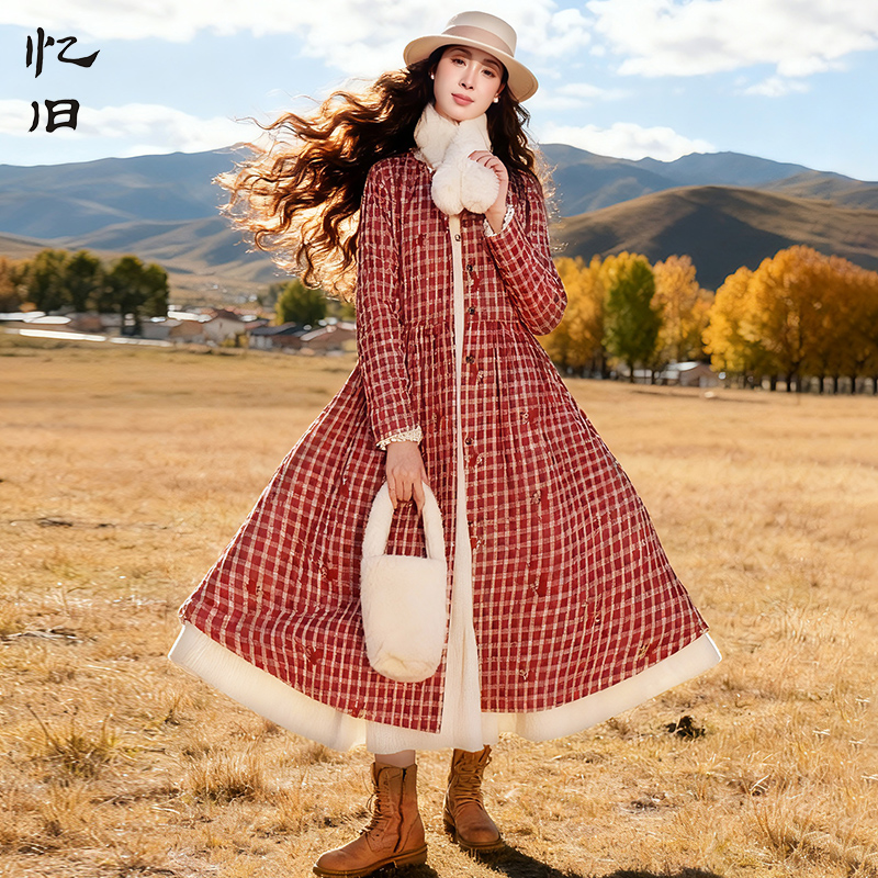 【樱桃红了】原创复古红格子圆领棉衣女2025冬季收腰保暖绗棉棉服
