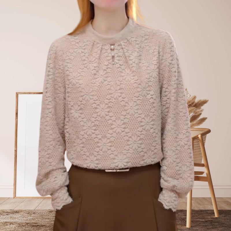 减龄洋气时尚百搭镂空设计感上衣女蕾丝钉珠拼接高级感长袖打底衫