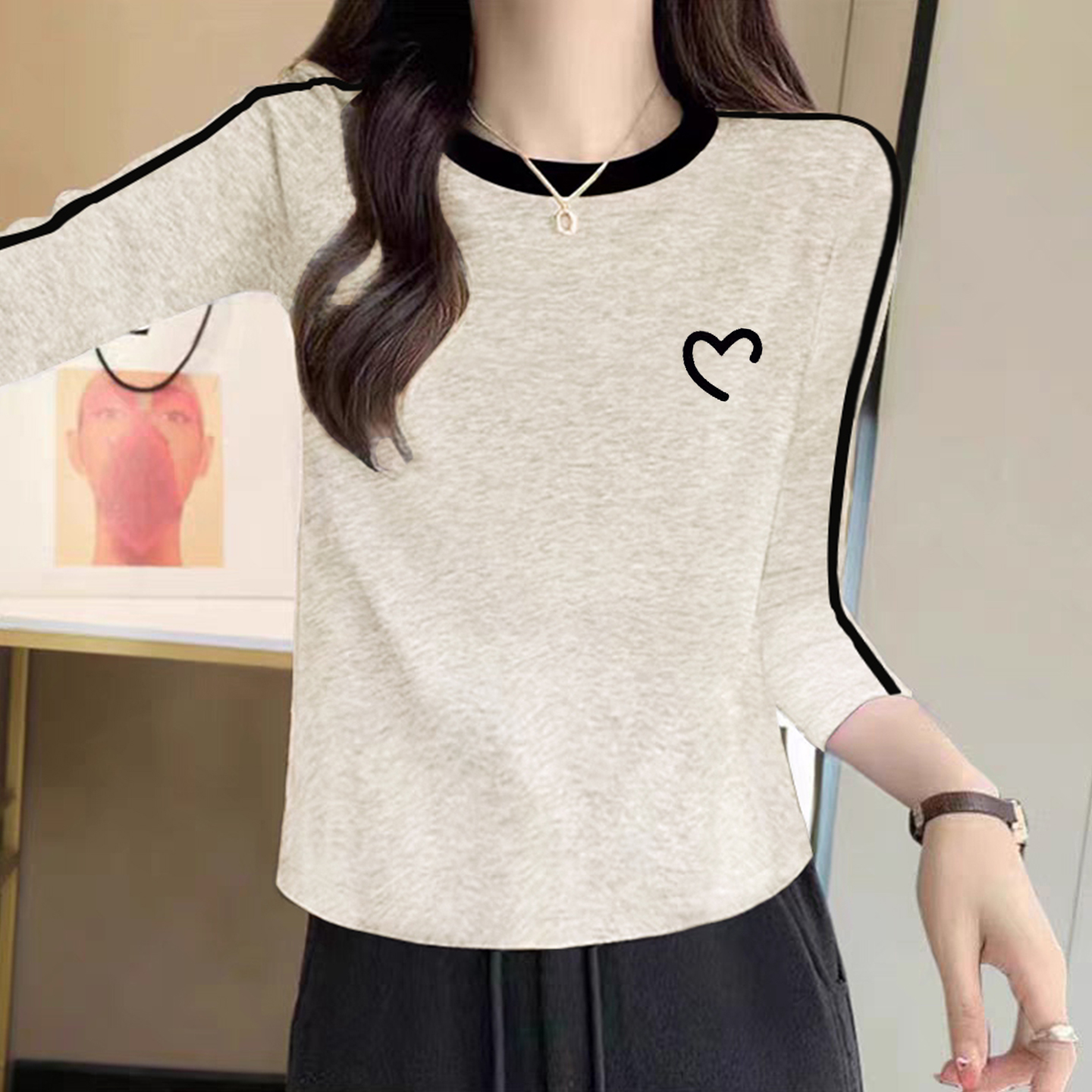 2025新款撞色侧边条纹圆领长袖T恤女秋季内搭显瘦百搭打底衫上衣