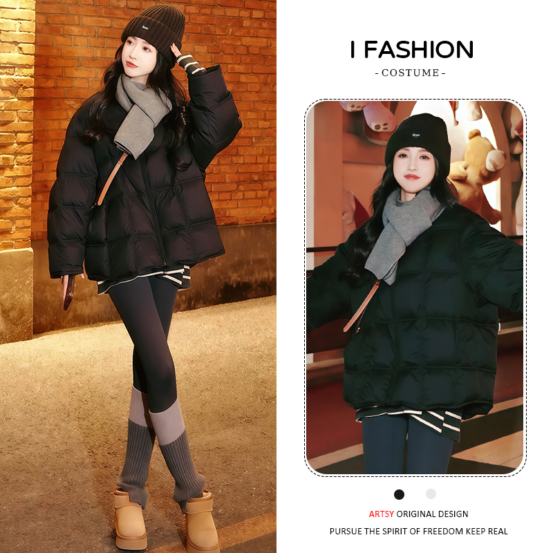 韩版超好看圆领棉服女2025年冬季新款加厚保暖宽松高级棉衣外套
