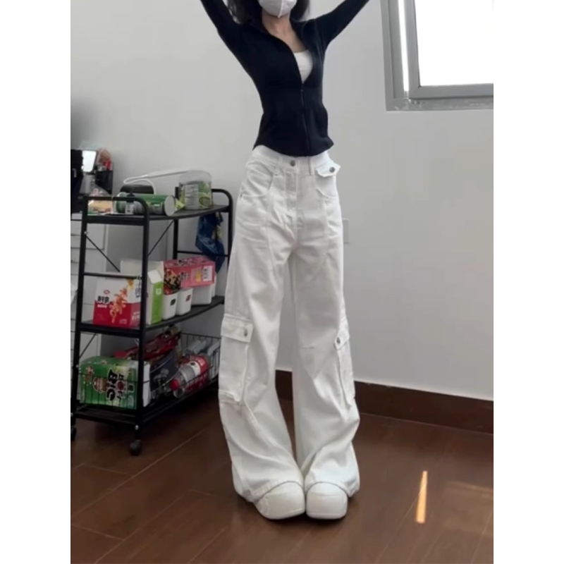 美式多口袋设计感白色工装牛仔裤女夏季2025新款宽松百搭拖地裤子