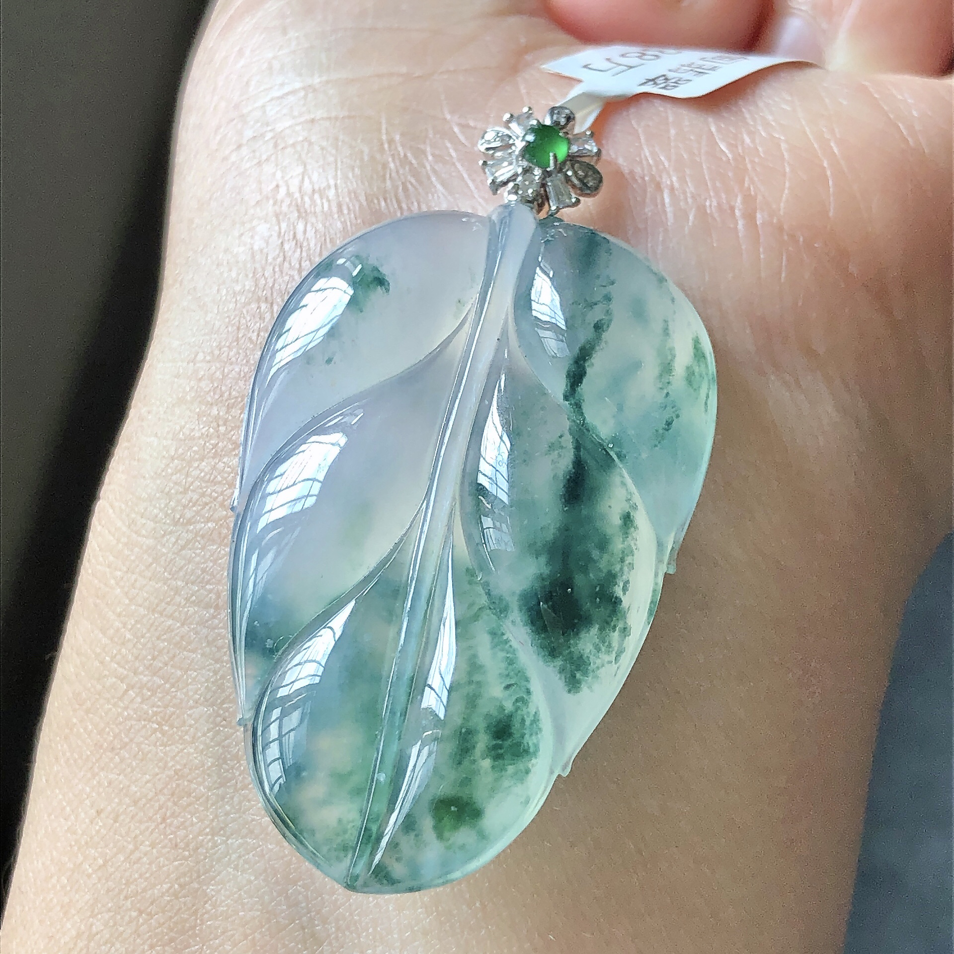 缅甸天然A货翡翠18k金镶嵌老坑冰种飘花金枝玉叶吊坠48/27/7.3