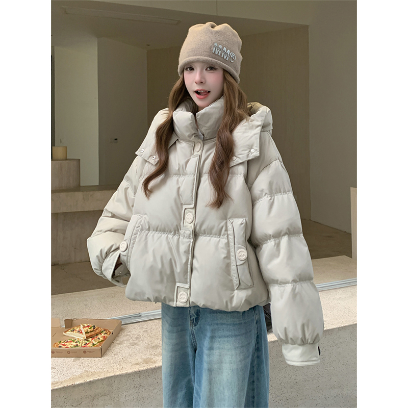 时尚米色连帽泡芙加厚棉服外套女冬季2025新款韩系保暖短款棉衣潮