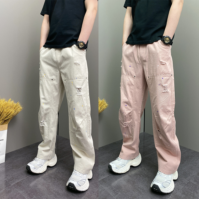 2025年夏季薄款潮流韩版痞帅宽松哈伦裤青年男士破洞休闲牛仔裤子
