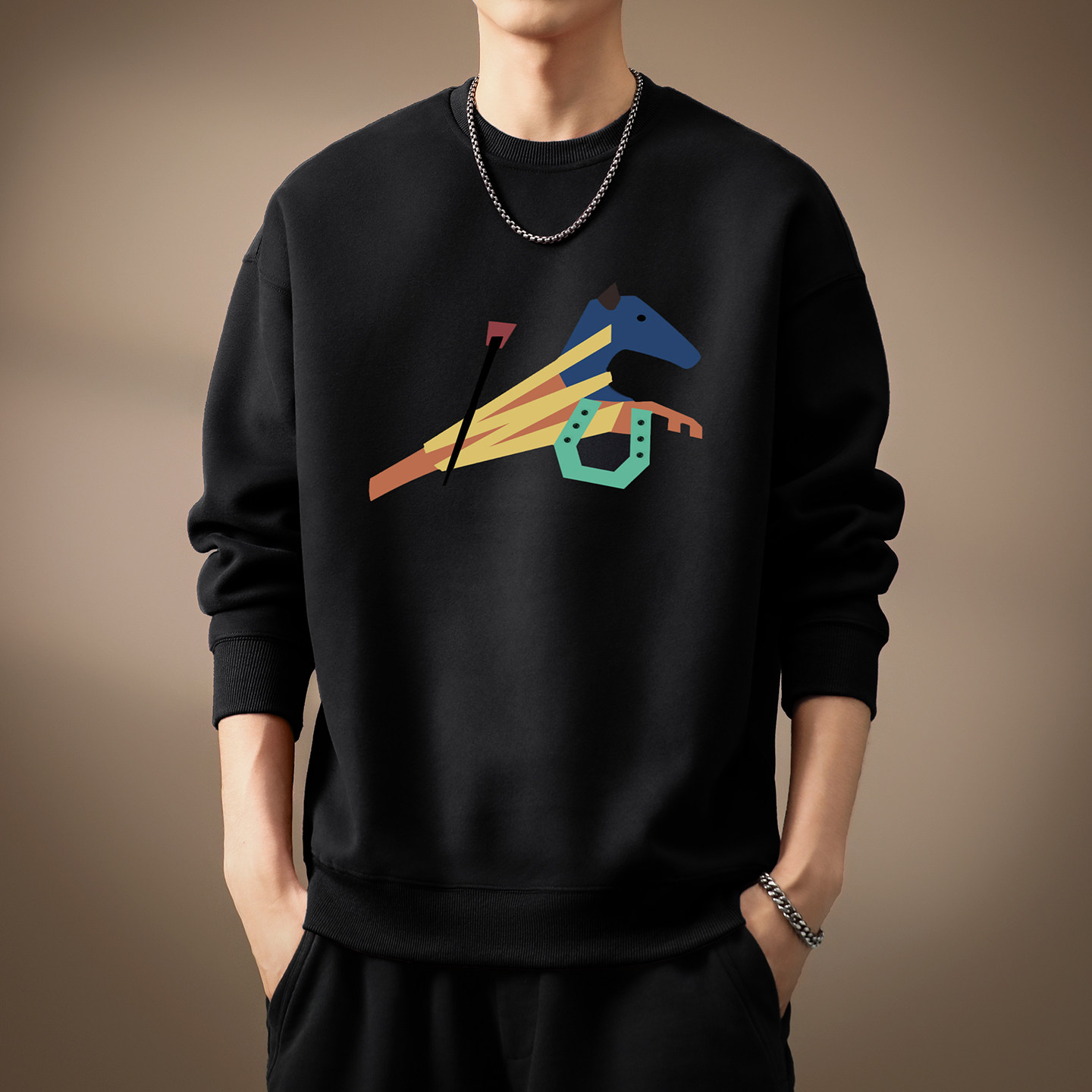 高端美式卡通小马圆领卫衣男士2026冬季新款印花潮流套头宽松外套