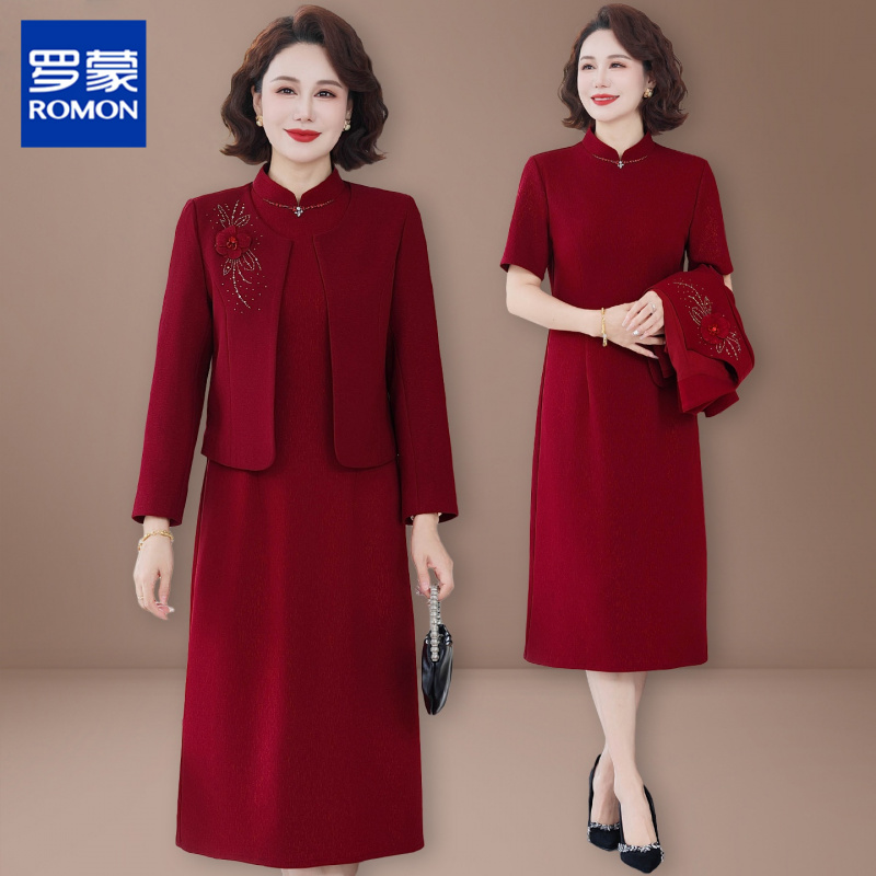 罗蒙新款妈妈秋装国风套装喜婆婆婚宴中老年秋款礼服连衣裙套装女