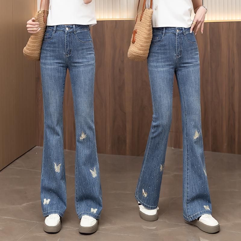 刺绣微喇长裤高腰显瘦2025夏季新款牛仔裤直筒烫钻阔腿裤时尚弹力