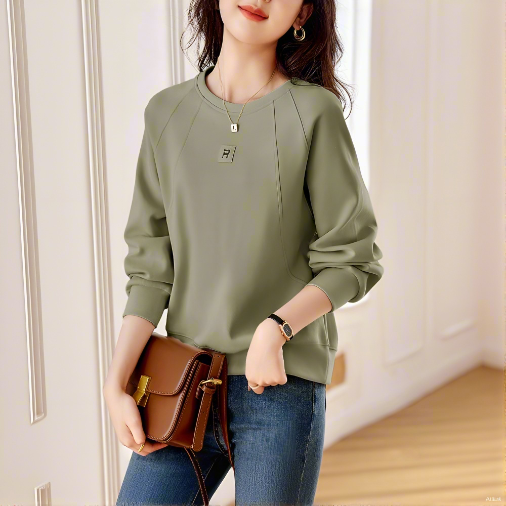 韩系宽松圆领插肩袖棉质休闲减龄拼接刺绣套头纯色秋季新款卫衣女