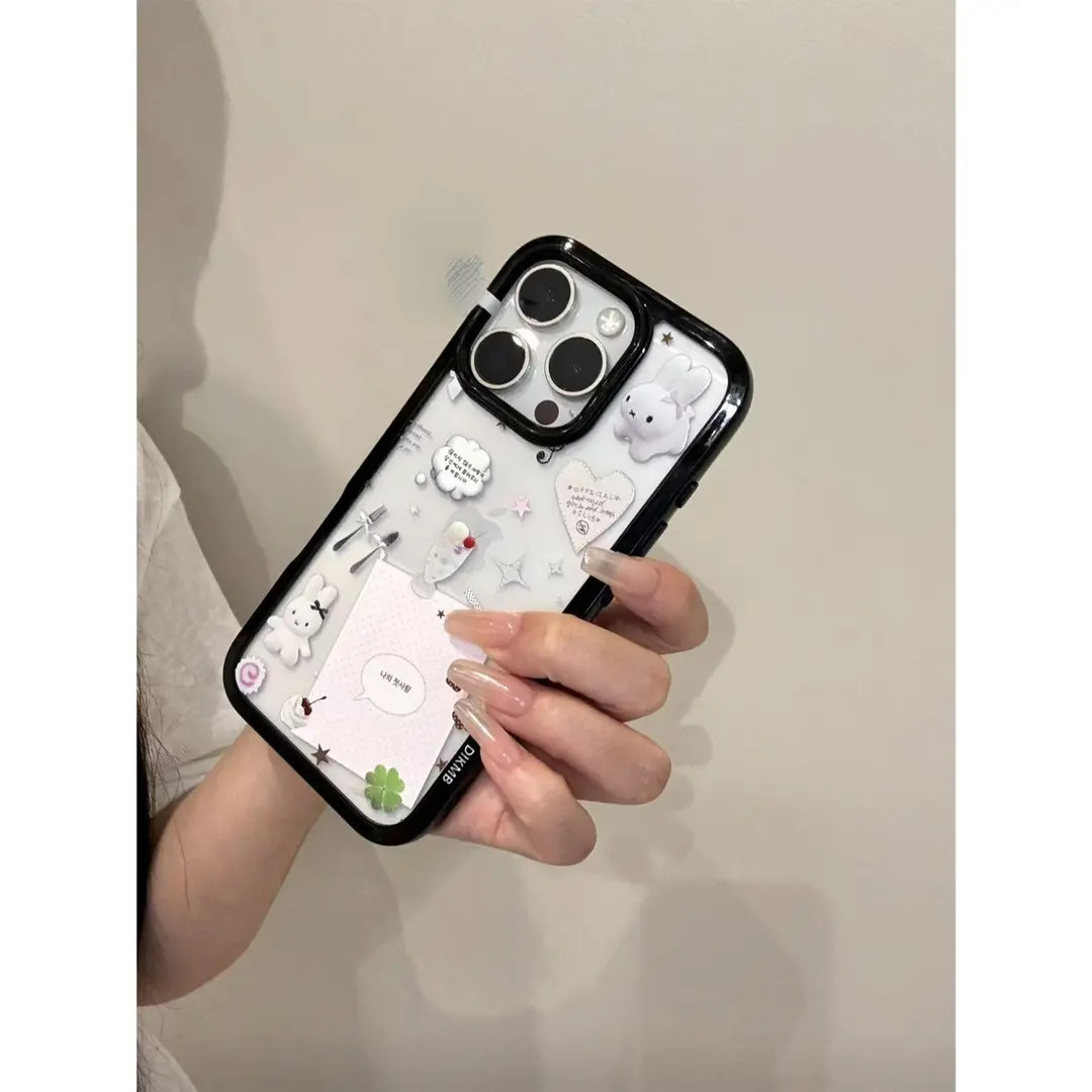 黑框碎花兔子手机壳适用苹果16promax/iPhone15pro14创意13卡通12