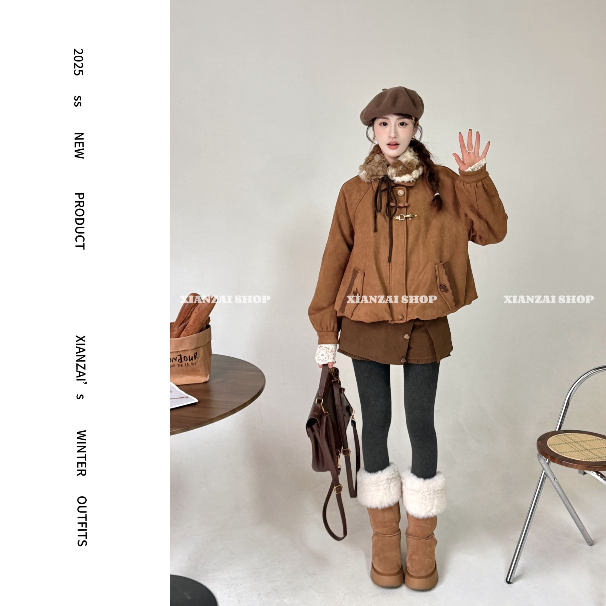 XIANZAI【鹿屿角】冬季新款可拆毛领日系花苞羽绒外套裙裤三件套装