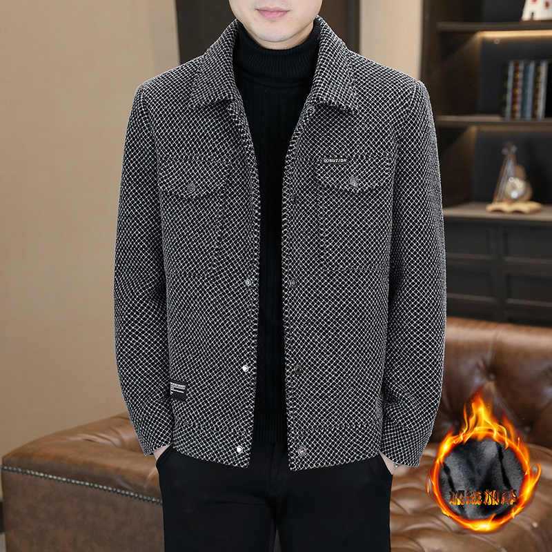 柒一新款男士毛呢大衣冬装翻领加绒加厚呢子外套帅气百搭格子夹克