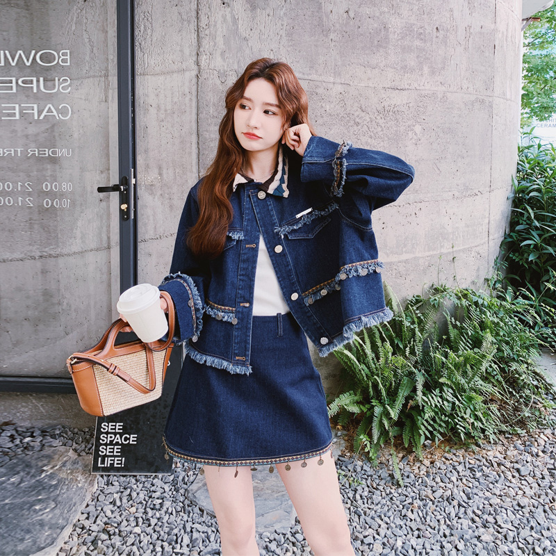 甜酷风流苏牛仔外套短裙2025春秋新款简约通勤复古风松弛感套装裙