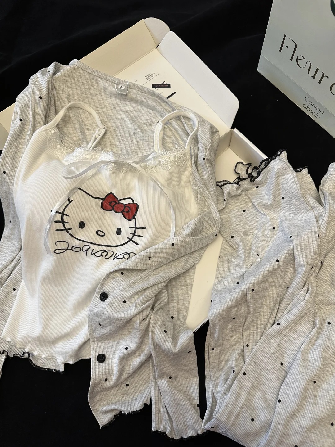 【可爱kitty三件套】纯欲性感带胸垫吊带睡衣女长袖长裤套装家居服