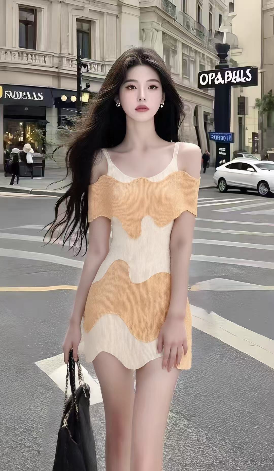 夏季小清新温柔甜美风撞色U领吊带修身收腰包臀连衣裙女显瘦裙子