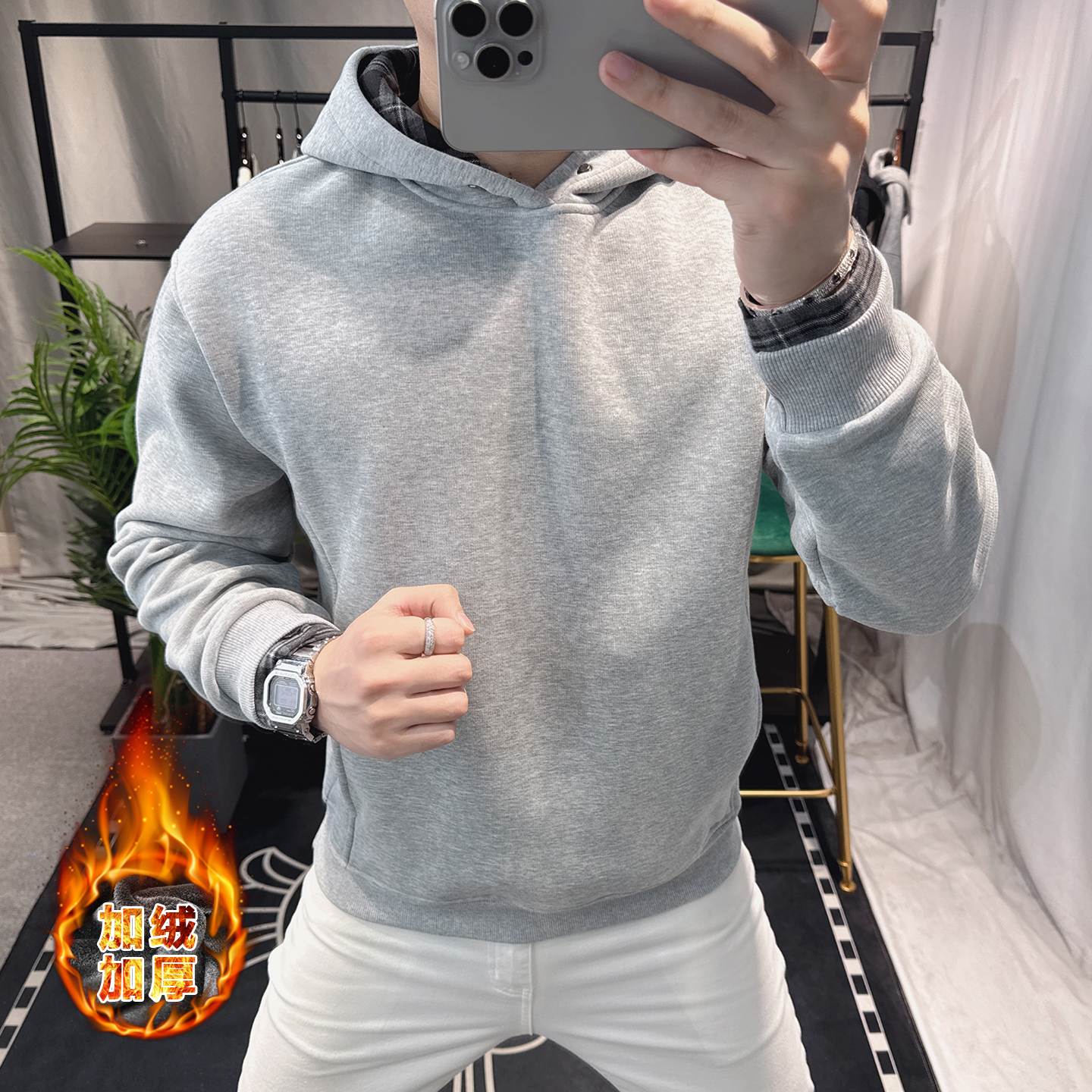 欧洲站2025新款男士连帽卫衣加绒加厚长袖假两件保暖帽衫冬季百搭