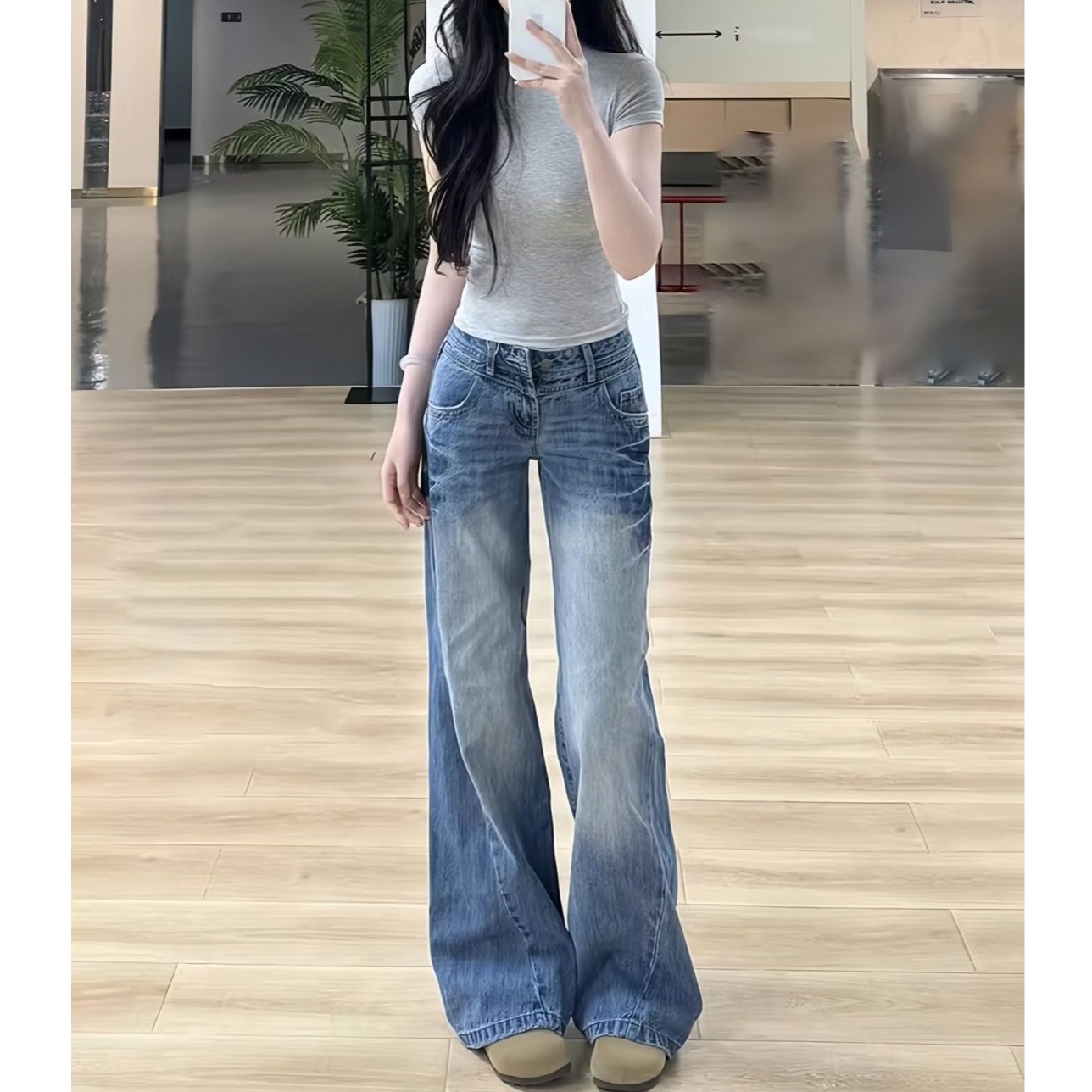 美式复古微喇牛仔裤女2025夏季新款低腰辣妹高街显瘦不贴腿拖地裤