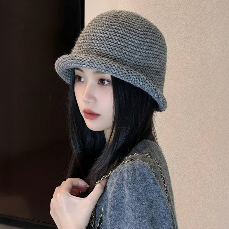 韩国羊毛针织卷边水桶帽子秋冬复古咖色渔夫帽大头围盆帽冬季女款