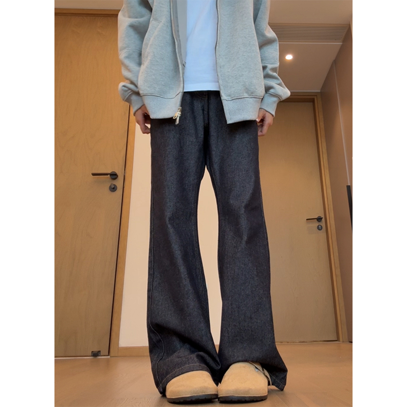 深蓝色原牛牛仔裤男款秋冬美式复古裤子设计感微喇直筒宽松阔腿裤