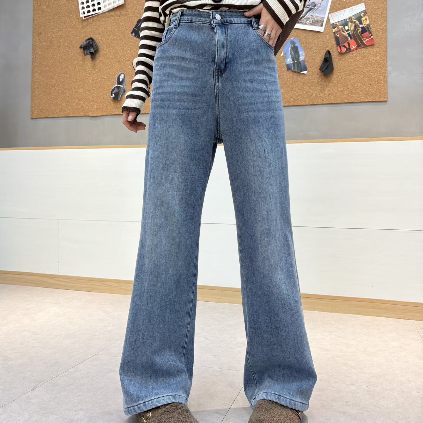 大码高品质秋冬加绒加厚半弹力腰高腰直筒窄版做旧水洗牛仔休闲裤