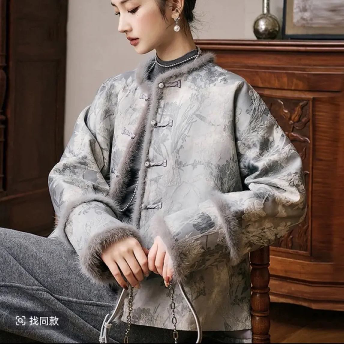 高端人丝刻花复古拼接水貂毛领新中式棉服外套女冬季保暖盘扣外套