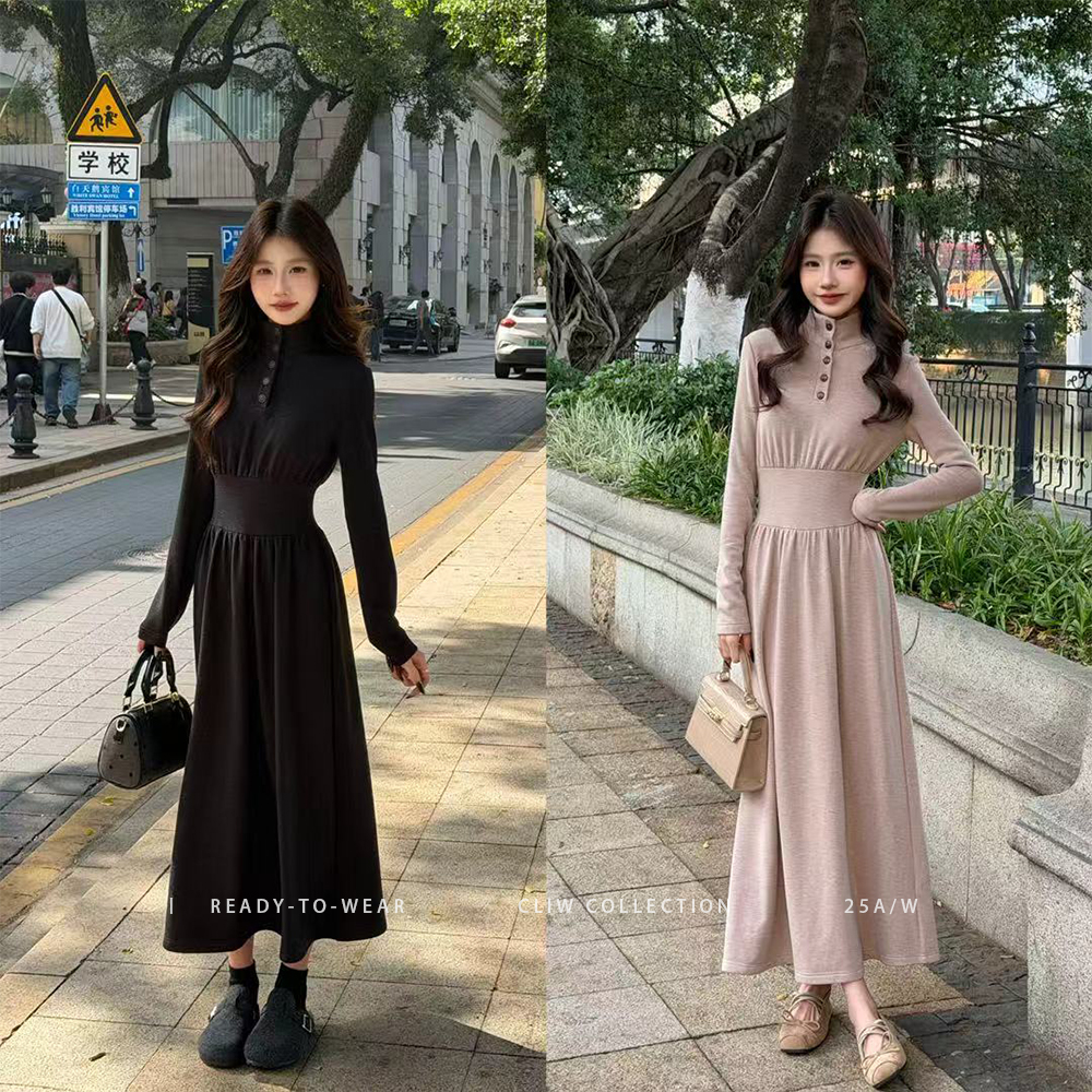 菜菜【海滨微风】小个子冬季高领纽扣收腰显瘦显高长袖连衣裙