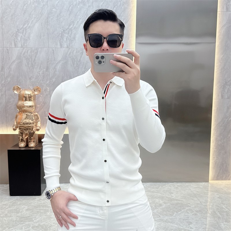 2025秋季新款高端拼接条纹翻领针织开衫男修身轻奢简约毛衣外套潮