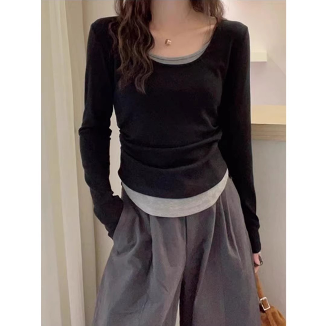 假两件撞色T恤女欧洲站2025早秋新款欧货女装时尚百搭打底小衫潮