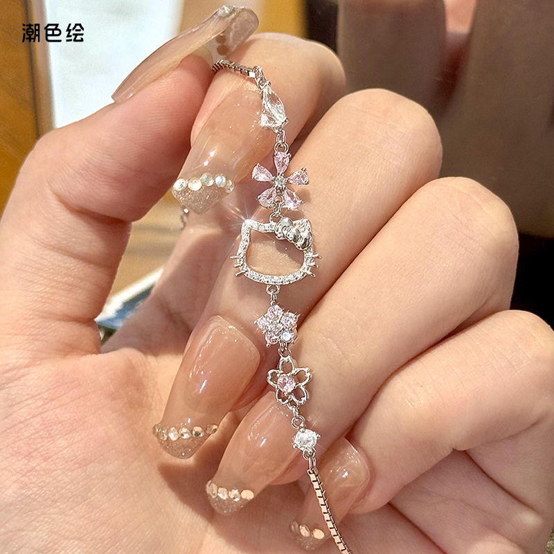 潮色绘 925银合成锆石手链 Kitty桃花手链轻奢小众送女友圣诞礼物