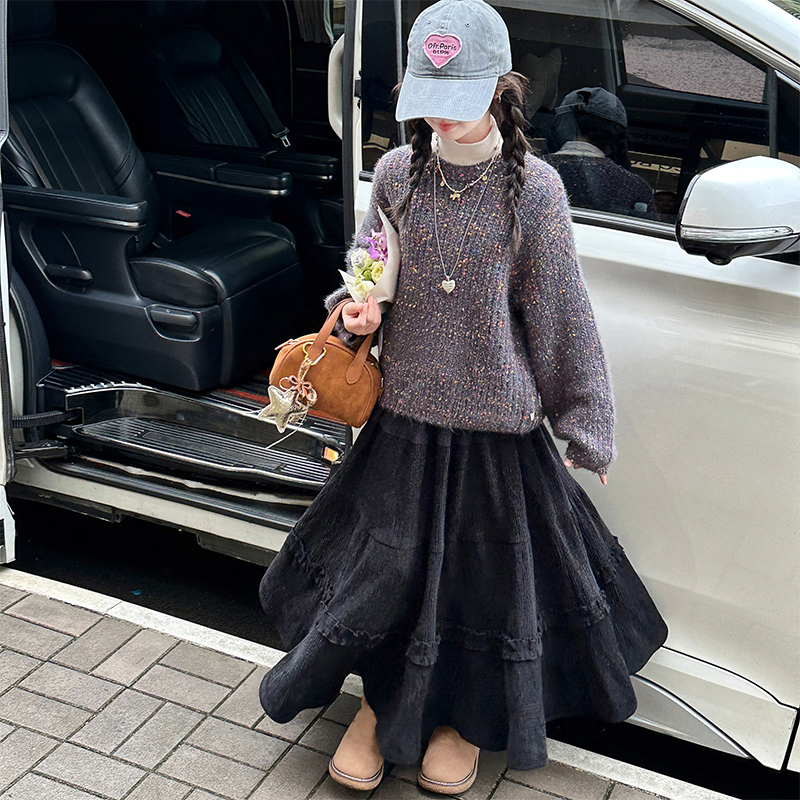 女童毛衣秋冬韩版童装女孩彩点上衣加厚保暖针织衫半身裙子套装潮