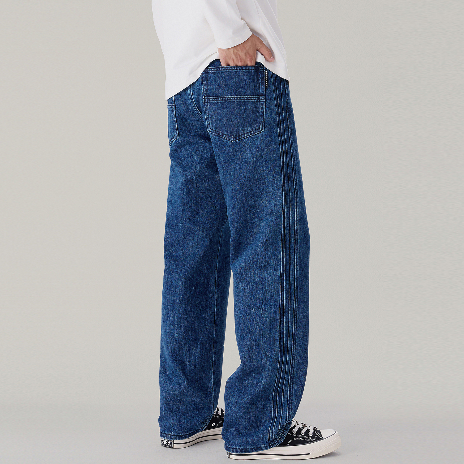 秋冬季美式宽松加绒裤子高街水洗蓝色牛仔裤男直筒大码休闲裤潮牌